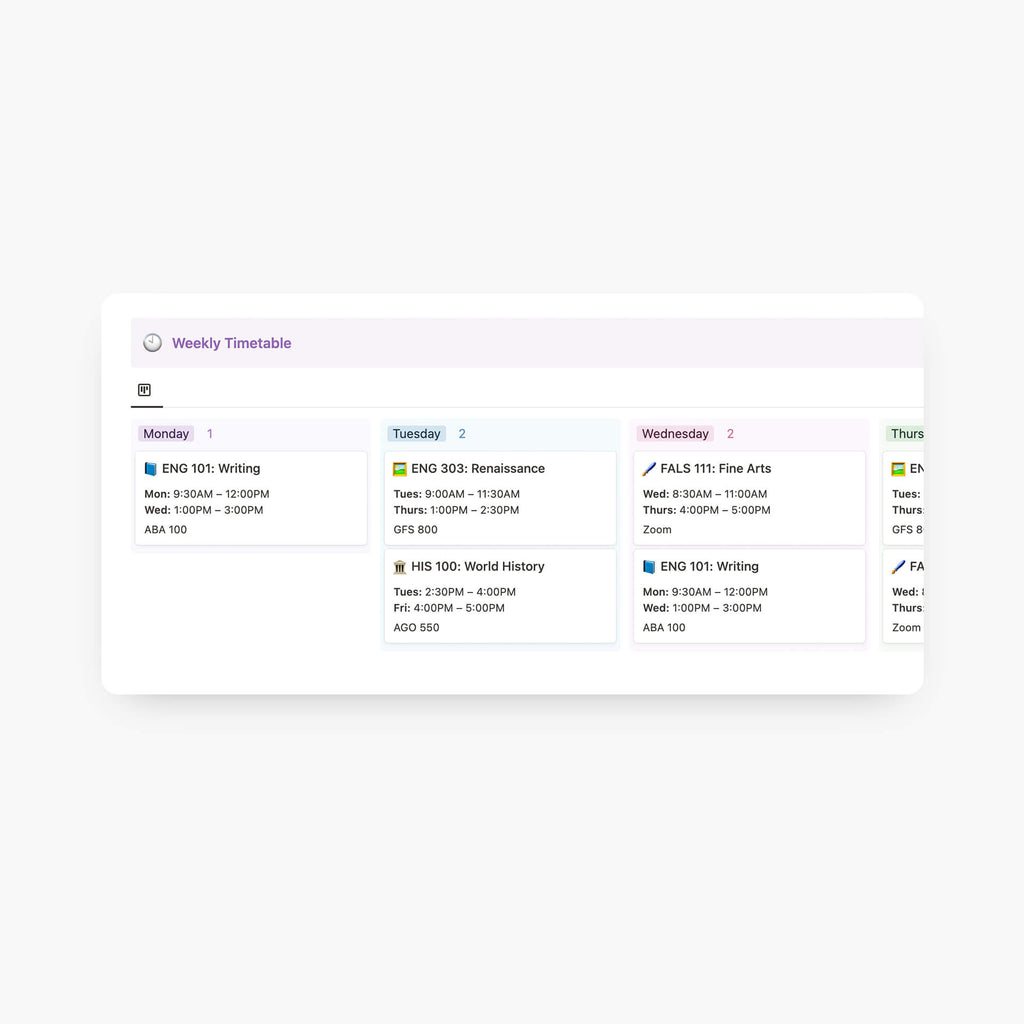 Notion Weekly Timetable for Students