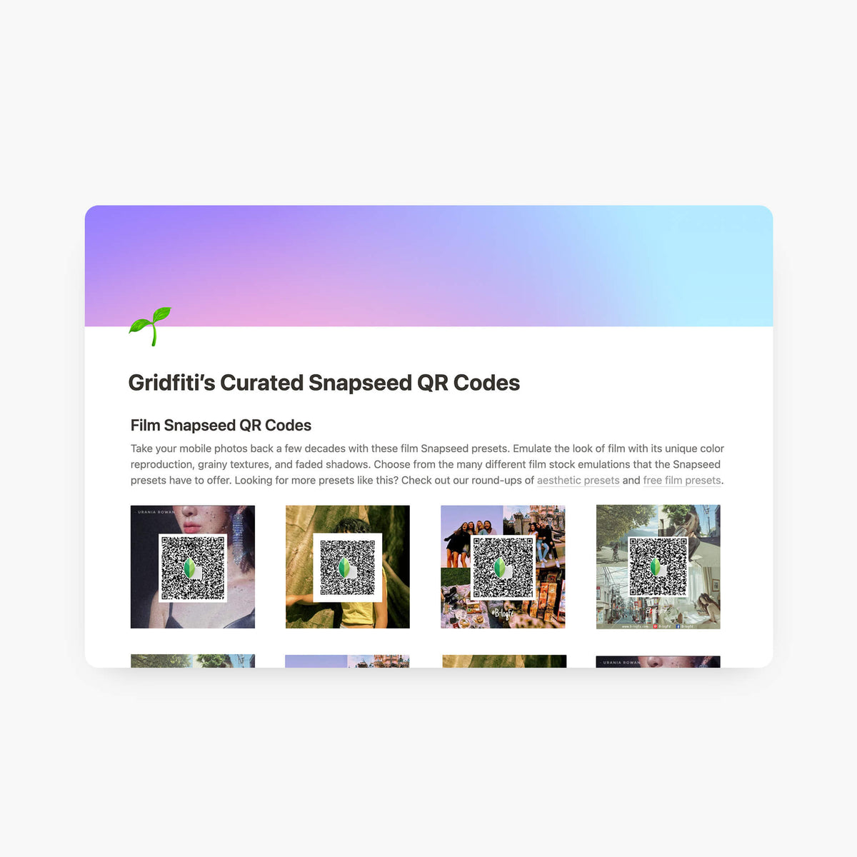 100+ Curated Snapseed Preset QR Codes & Gridfiti