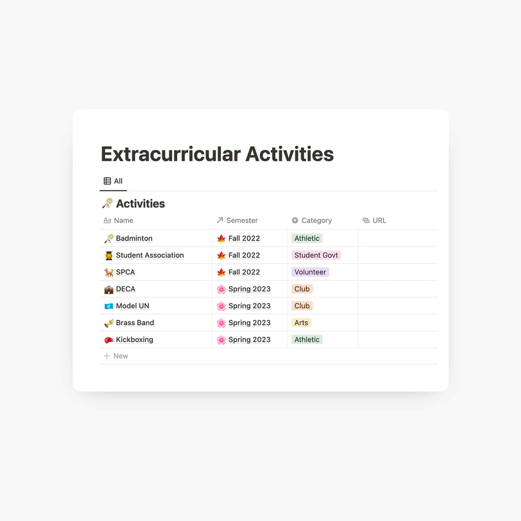 Notion Student Extracurricular Template
