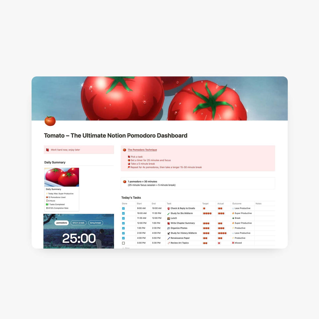 Screenshot of Tomato Pomodoro Notion Template